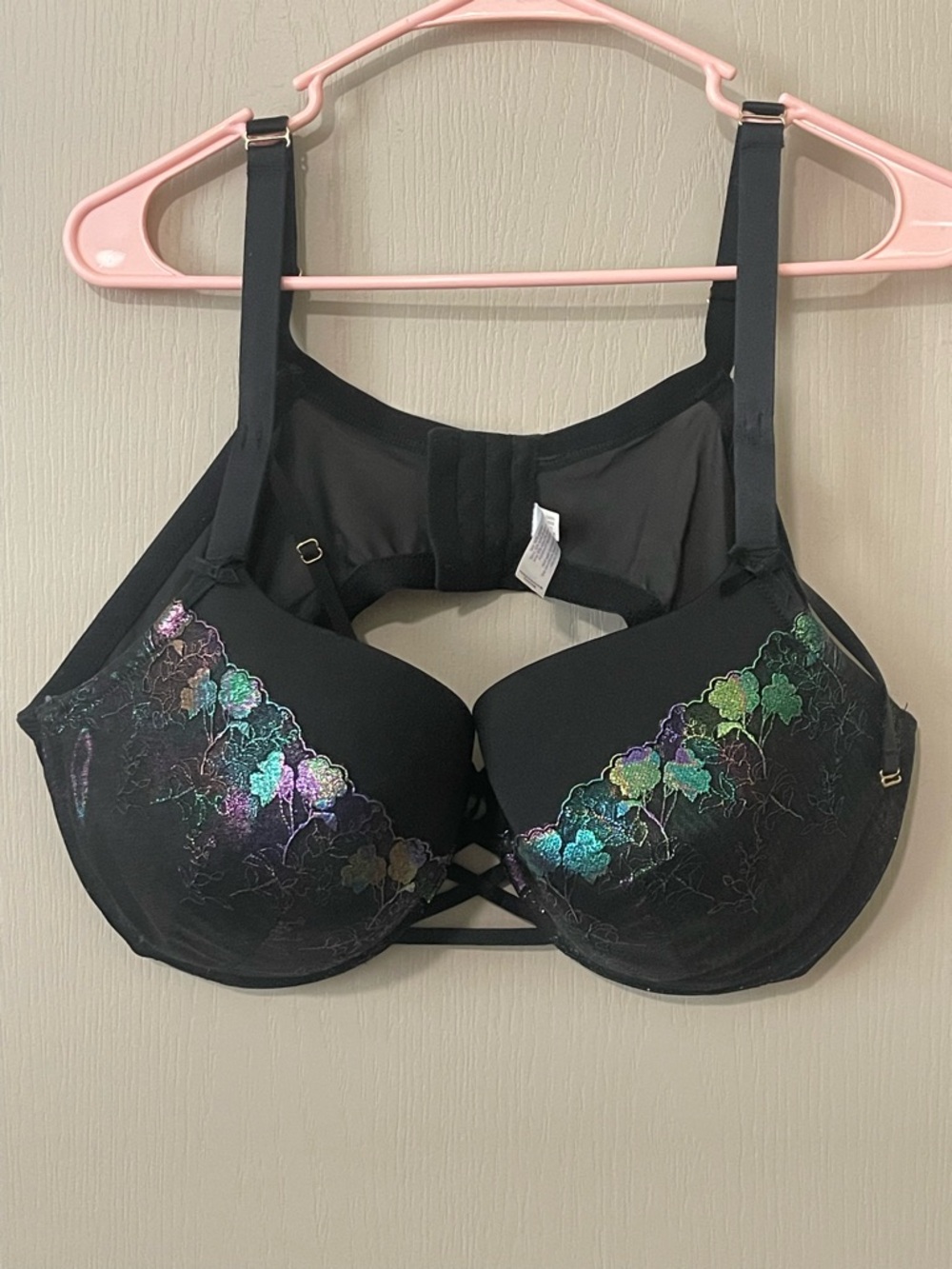 Cacique Black Bra with Iridescent Floral Accents size 46D